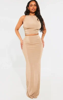 Clearance PrettyLittleThing Shape Slinky Acetate Ruched Detail Maxi Skirt Taupe