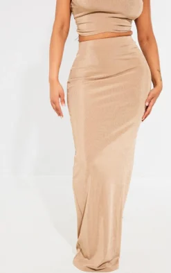 Clearance PrettyLittleThing Shape Slinky Acetate Ruched Detail Maxi Skirt Taupe