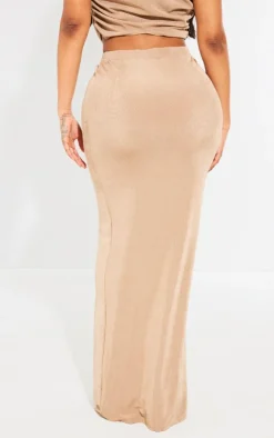Clearance PrettyLittleThing Shape Slinky Acetate Ruched Detail Maxi Skirt Taupe