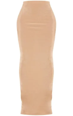 Clearance PrettyLittleThing Shape Slinky Acetate Ruched Detail Maxi Skirt Taupe