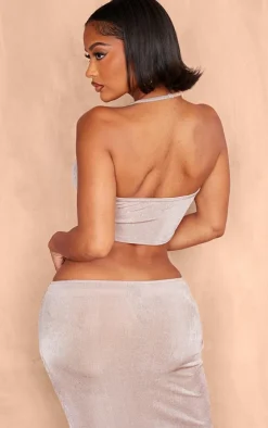Hot PrettyLittleThing Shape Slinky Acetate Halterneck Bandeau Top Taupe