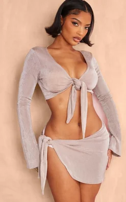 New PrettyLittleThing Shape Slinky Acetate Knot Detail Mini Skirt Taupe
