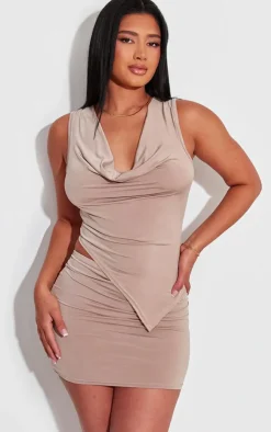 Online PrettyLittleThing Shape Slinky Cowl Low Rise Mini Skirt Taupe