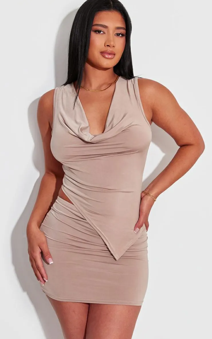 Online PrettyLittleThing Shape Slinky Cowl Low Rise Mini Skirt Taupe