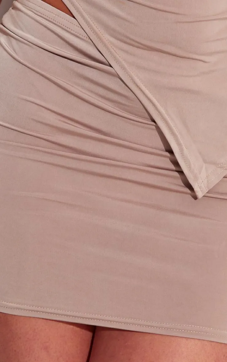 Online PrettyLittleThing Shape Slinky Cowl Low Rise Mini Skirt Taupe