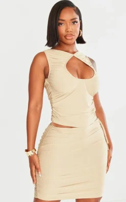 Online PrettyLittleThing Shape Slinky Cut Out Ruched Detail Mini Skirt Taupe