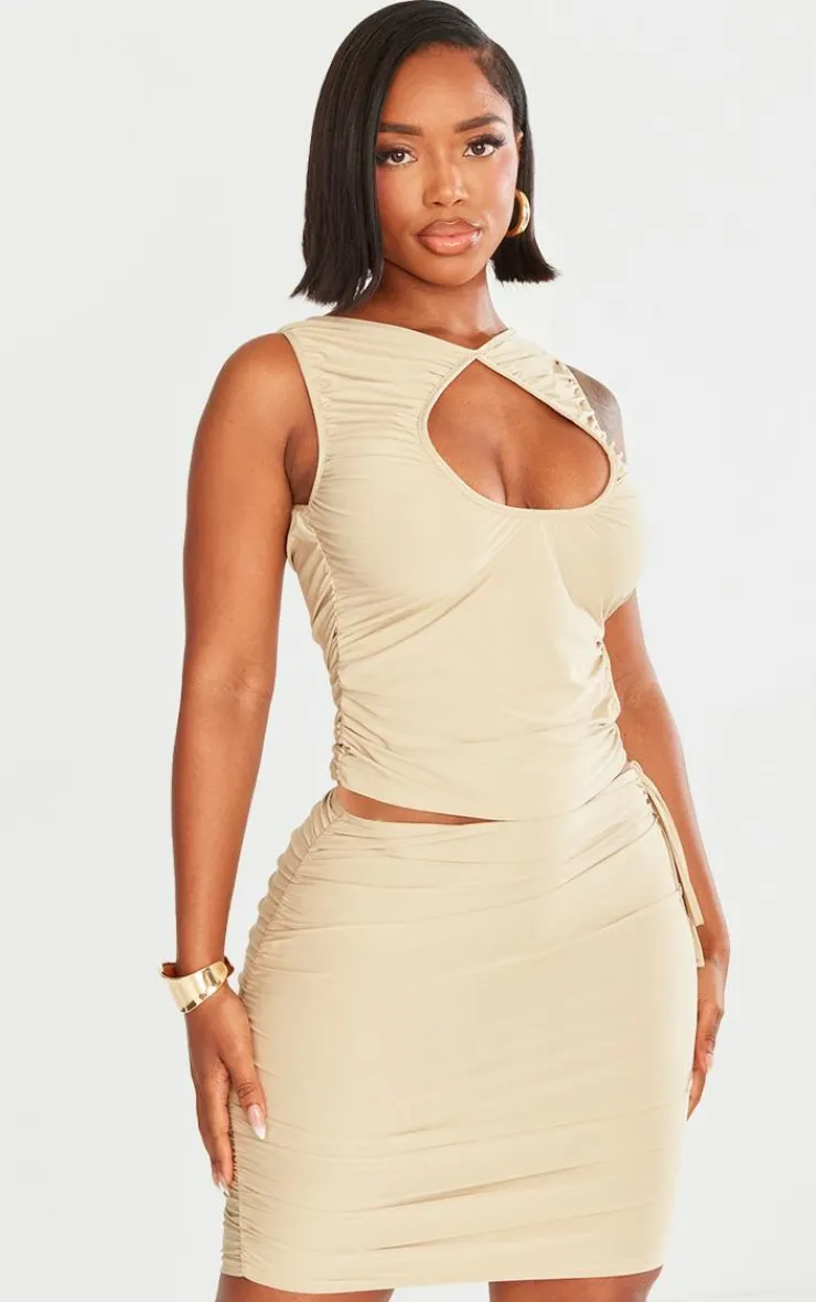 Online PrettyLittleThing Shape Slinky Cut Out Ruched Detail Mini Skirt Taupe