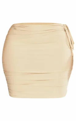Online PrettyLittleThing Shape Slinky Cut Out Ruched Detail Mini Skirt Taupe