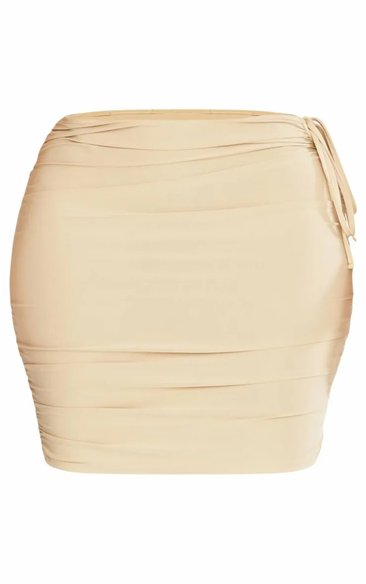 Online PrettyLittleThing Shape Slinky Cut Out Ruched Detail Mini Skirt Taupe