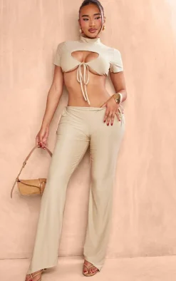 PrettyLittleThing Shape Slinky Cut Out Flare Pants Taupe
