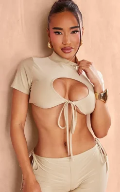 PrettyLittleThing Shape Slinky High Neck Tie Front Cropped T-shirt Taupe