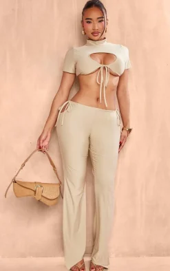 PrettyLittleThing Shape Slinky High Neck Tie Front Cropped T-shirt Taupe
