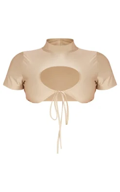 PrettyLittleThing Shape Slinky High Neck Tie Front Cropped T-shirt Taupe