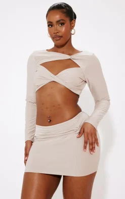 Clearance PrettyLittleThing Shape Slinky Knot Detail Mini Skirt Taupe