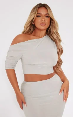 Sale PrettyLittleThing Shape Slinky Ruched Side Longline Top Taupe