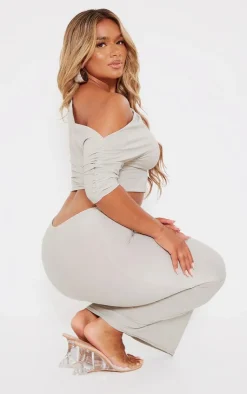 Sale PrettyLittleThing Shape Slinky Ruched Side Longline Top Taupe
