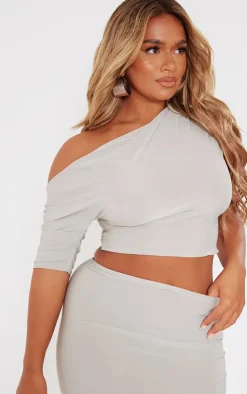 Sale PrettyLittleThing Shape Slinky Ruched Side Longline Top Taupe