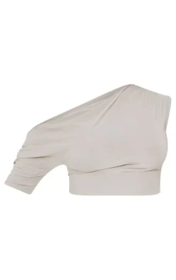 Sale PrettyLittleThing Shape Slinky Ruched Side Longline Top Taupe