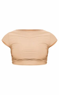 Online PrettyLittleThing Shape Slinky Ruched Side T Shirt Taupe