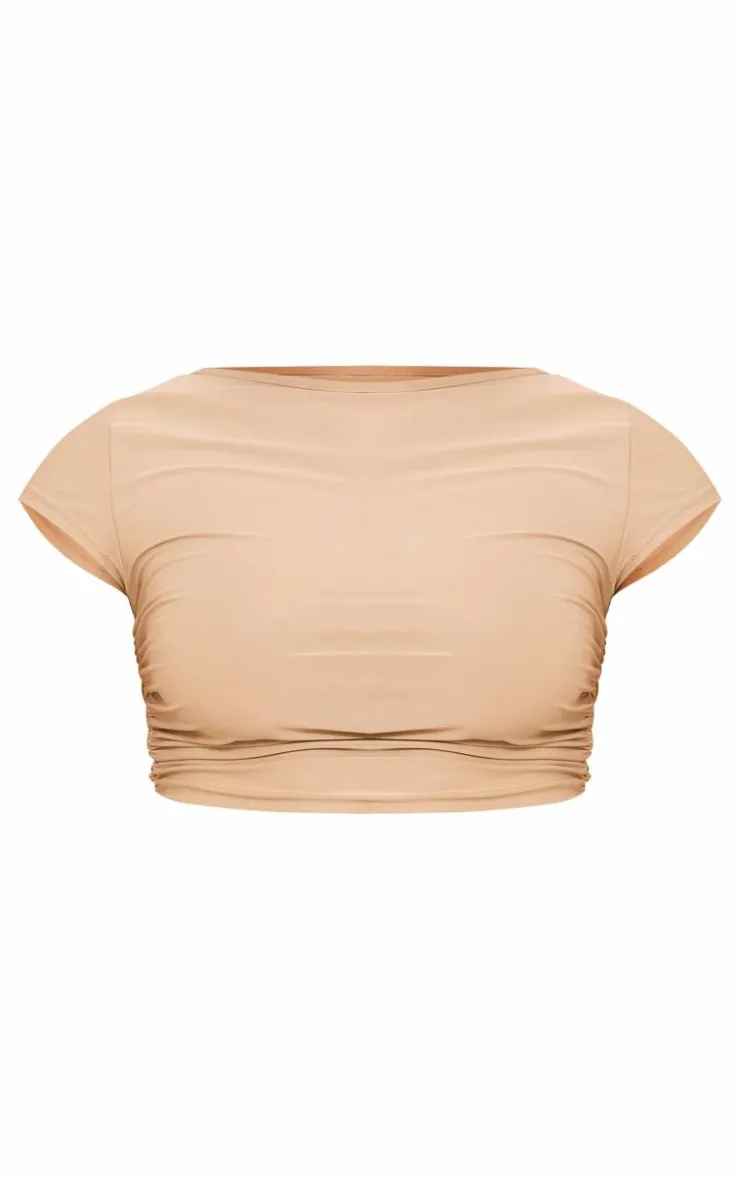 Online PrettyLittleThing Shape Slinky Ruched Side T Shirt Taupe