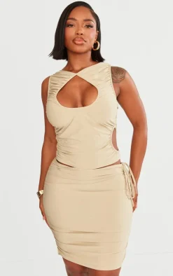 PrettyLittleThing Shape Slinky Ruched Cut Out Longline Top Taupe