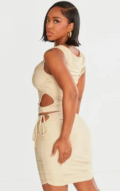 PrettyLittleThing Shape Slinky Ruched Cut Out Longline Top Taupe