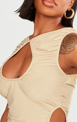 PrettyLittleThing Shape Slinky Ruched Cut Out Longline Top Taupe