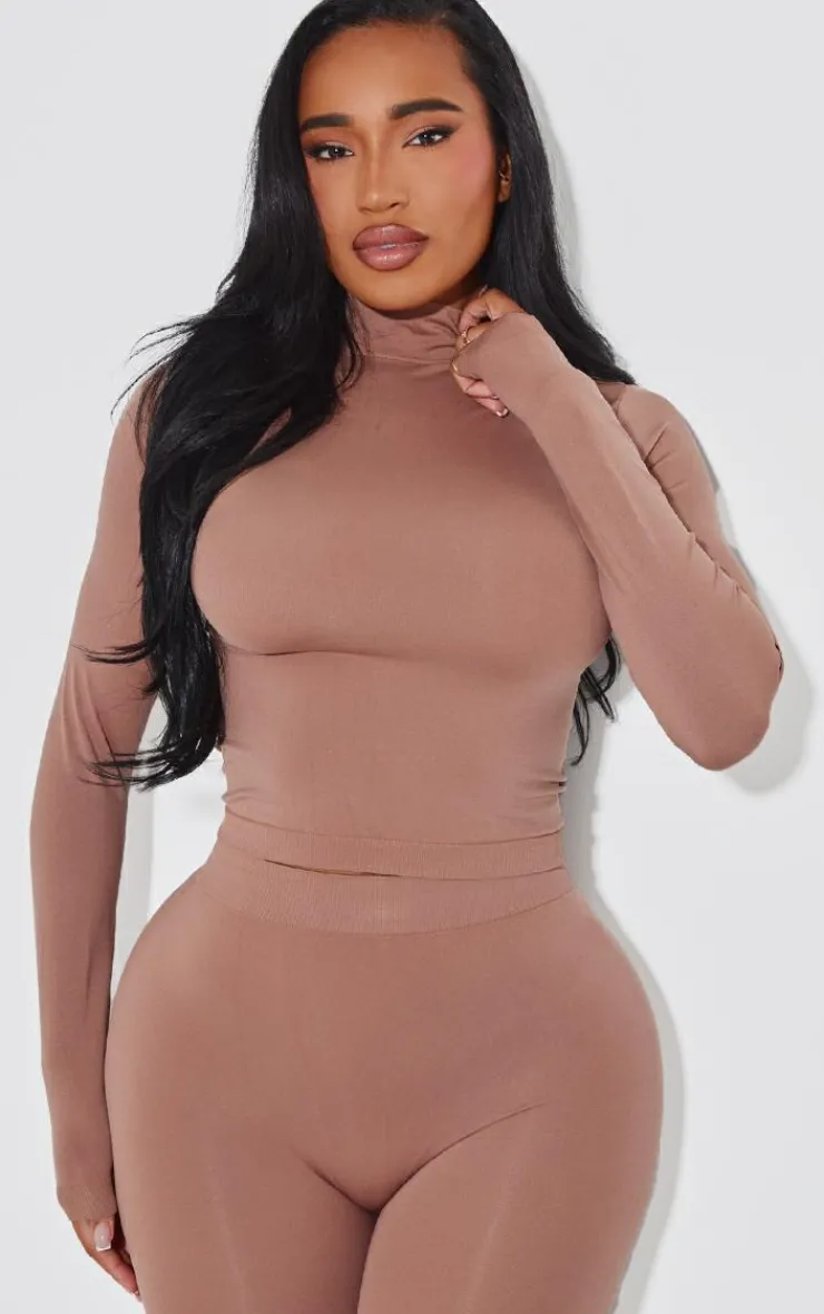 Clearance PrettyLittleThing Shape Stretch Seamless High Neck Long Sleeve Top Taupe