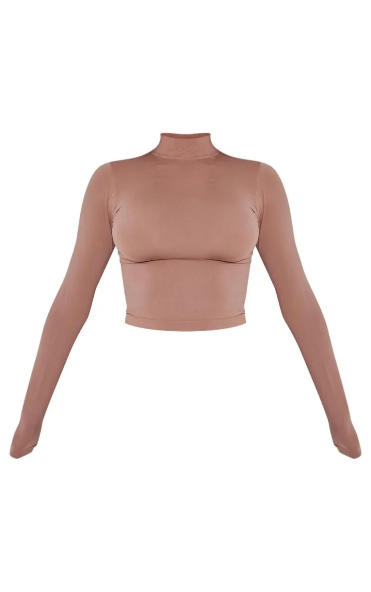 Clearance PrettyLittleThing Shape Stretch Seamless High Neck Long Sleeve Top Taupe
