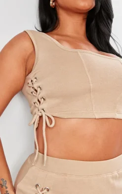 Discount PrettyLittleThing Shape Sweat Lace Up Racer Scoop Neck Top Taupe