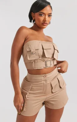 Outlet PrettyLittleThing Shape Twill Buckle Detail Cargo Bandeau Taupe