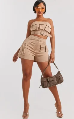 Outlet PrettyLittleThing Shape Twill Buckle Detail Cargo Bandeau Taupe