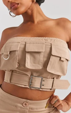 Outlet PrettyLittleThing Shape Twill Buckle Detail Cargo Bandeau Taupe