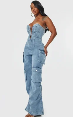 Shape Vintage Mid Wash Denim Bandeau Lace Up Front Wide Leg Jumpsuit