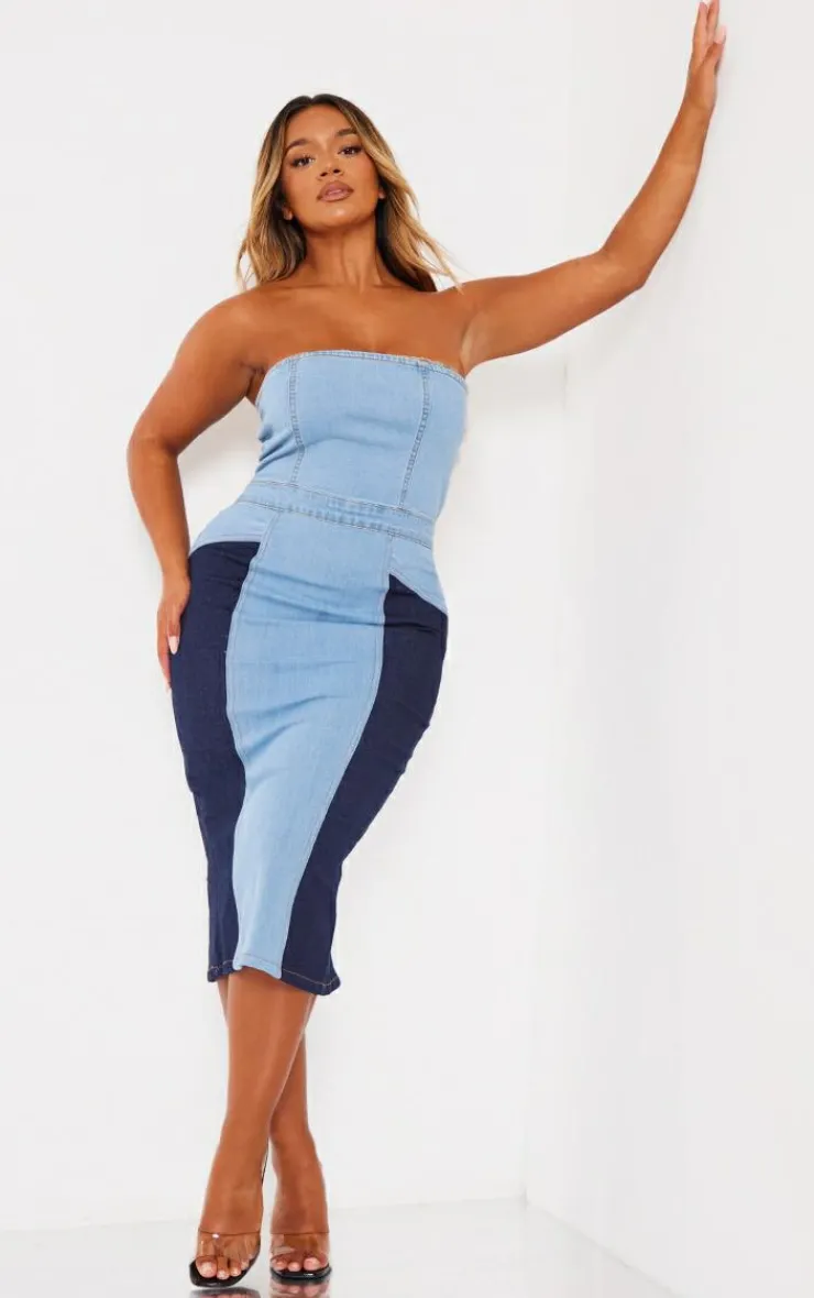 Shape Contrast Denim Midi Dress-PrettyLittleThing Discount