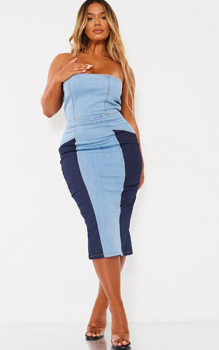 Shape Contrast Denim Midi Dress-PrettyLittleThing Discount