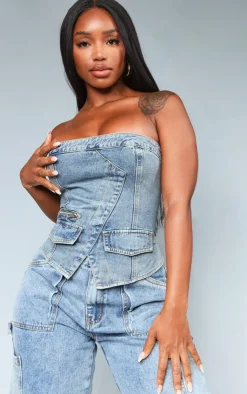 PrettyLittleThing Corsets*Shape Denim Zip Detail Bandeau Corset