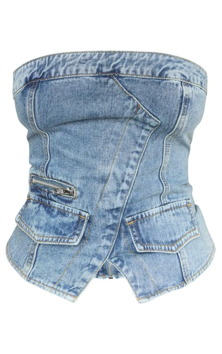 PrettyLittleThing Corsets*Shape Denim Zip Detail Bandeau Corset