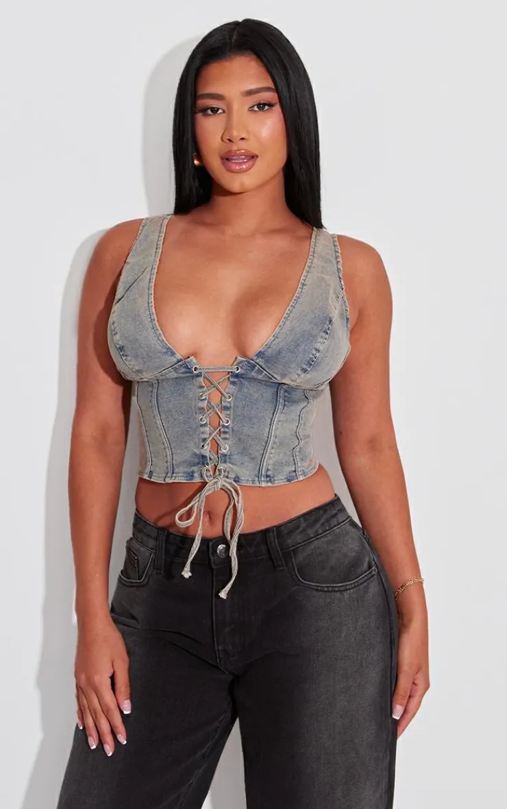 PrettyLittleThing Corsets*Shape Denim Lace Up Corset Top