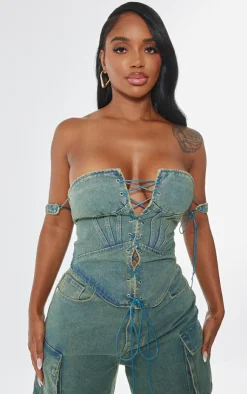 Outlet PrettyLittleThing Shape Denim Lace Up Front Corset Vintage Wash