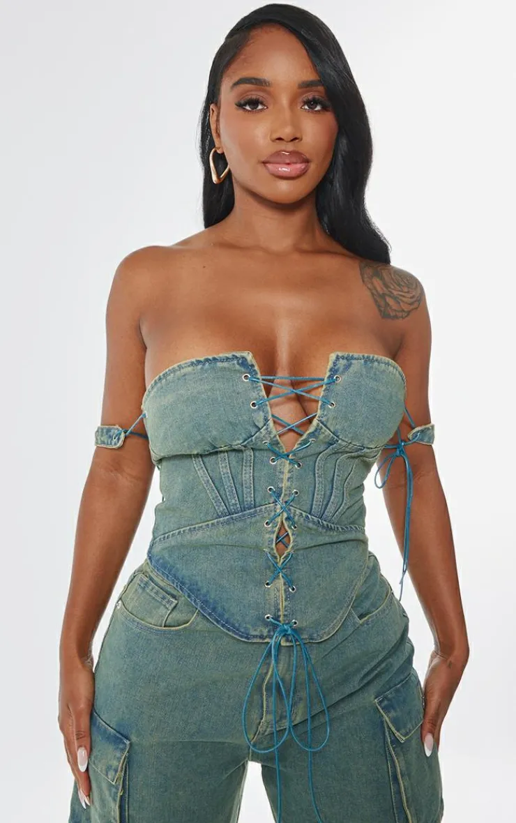 Outlet PrettyLittleThing Shape Denim Lace Up Front Corset Vintage Wash