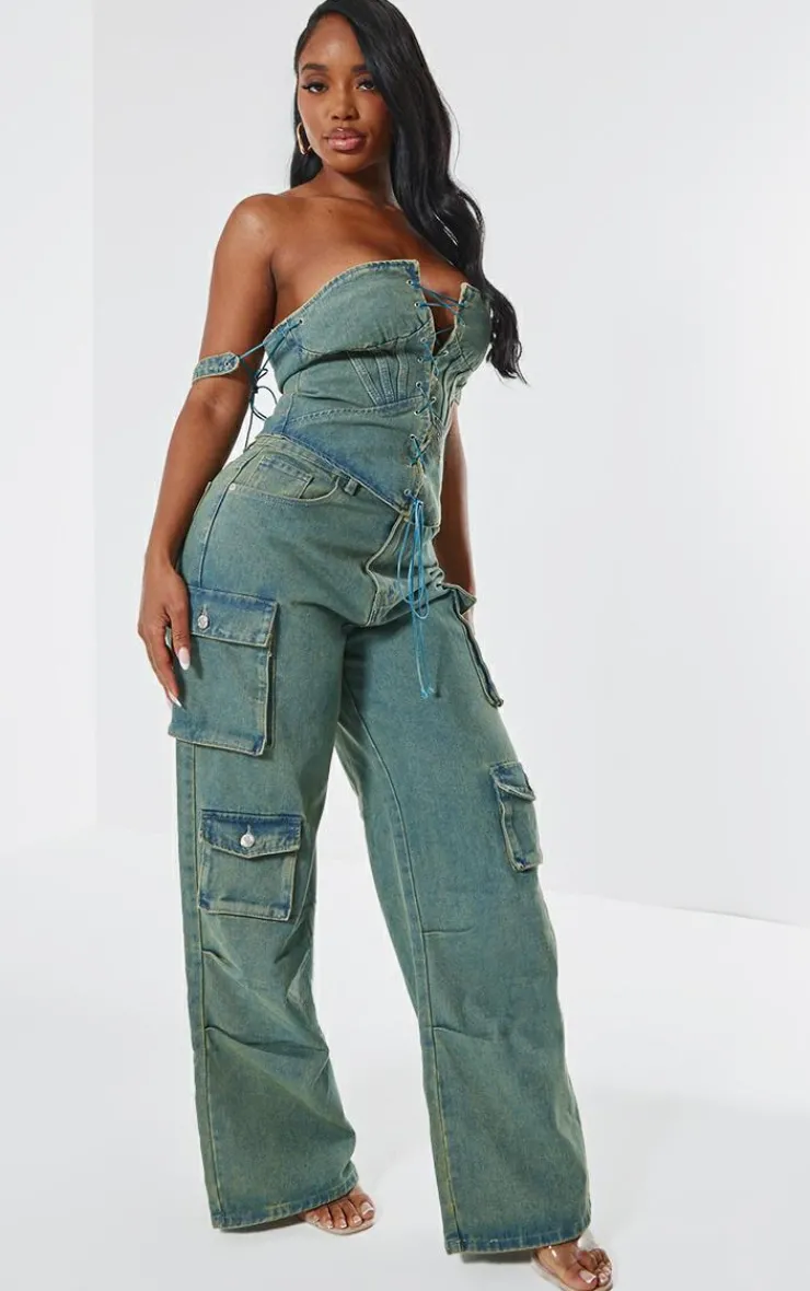 Outlet PrettyLittleThing Shape Denim Lace Up Front Corset Vintage Wash