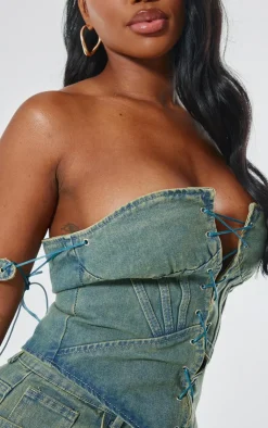 Outlet PrettyLittleThing Shape Denim Lace Up Front Corset Vintage Wash