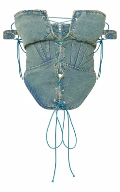Outlet PrettyLittleThing Shape Denim Lace Up Front Corset Vintage Wash