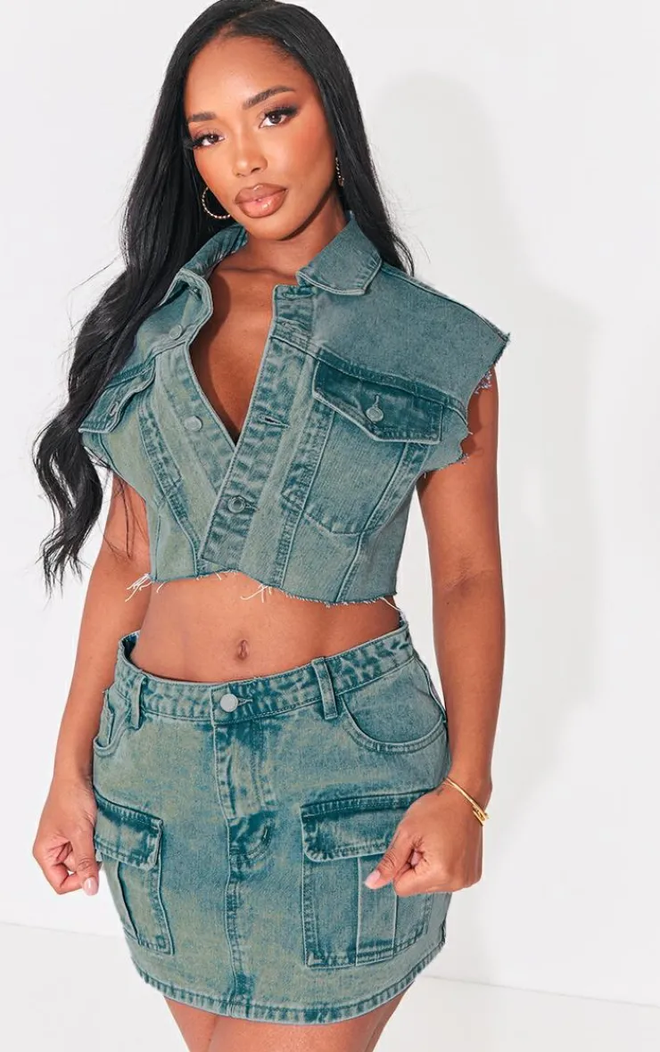 New PrettyLittleThing Shape Denim Low Rise Micro Mini Skirt Vintage Wash