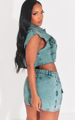 Clearance PrettyLittleThing Shape Washed Denim Raw Hem Edge Cropped Jacket Vintage Wash