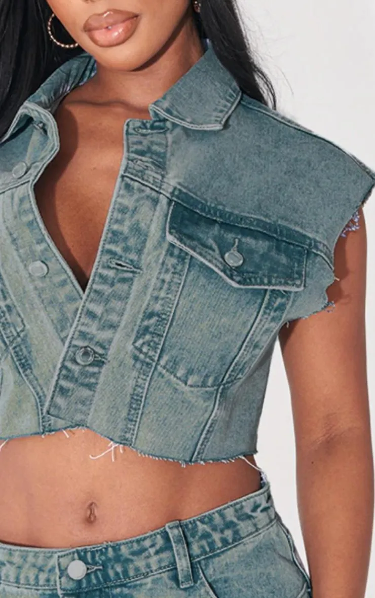Clearance PrettyLittleThing Shape Washed Denim Raw Hem Edge Cropped Jacket Vintage Wash