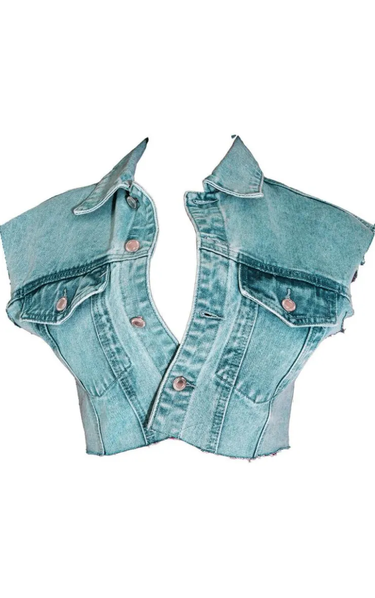 Clearance PrettyLittleThing Shape Washed Denim Raw Hem Edge Cropped Jacket Vintage Wash