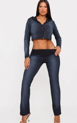 Discount PrettyLittleThing Shape Low Rise Fold Over Flared Pants Washed Black