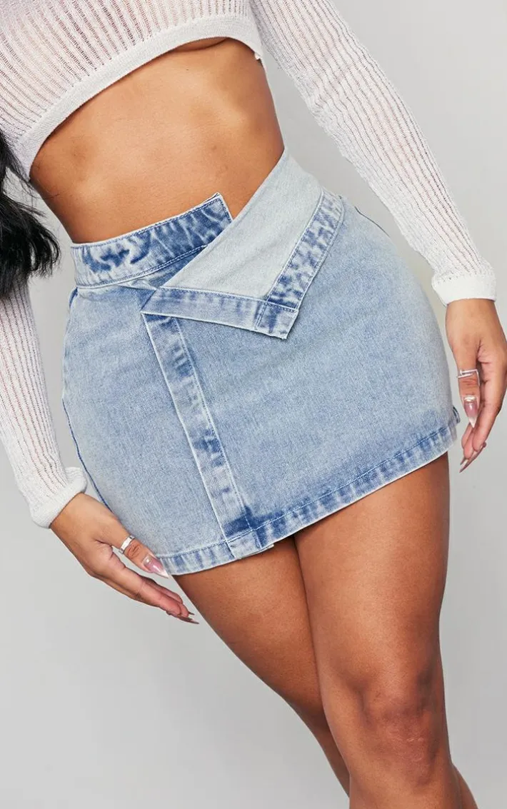 Shape Washed Blue Denim Foldover Waist Mini Skirt